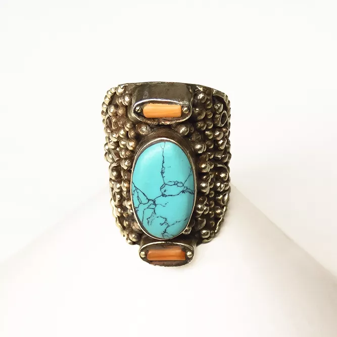 Anillo Plata Tibetana Coral y Turquesa