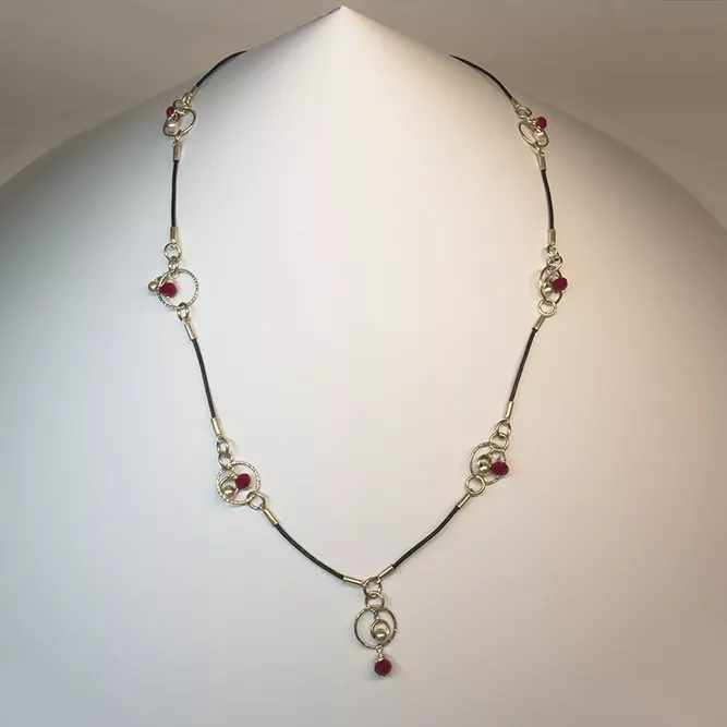 Collar largo Cuero Plata Ágata Roja
