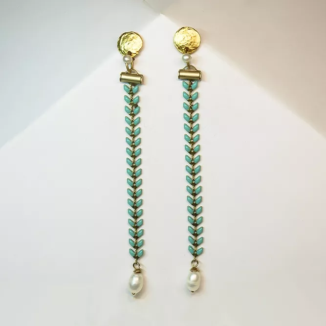 Pendiente Extra largo Cadena Turquesa Perla