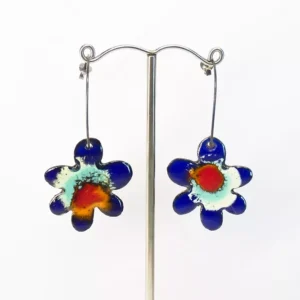 Pendientes Argolla Flor Azul plata y esmalte