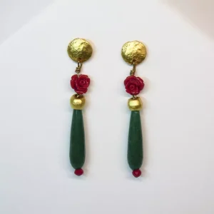 Pendiente Lagrima Jade Verde Rosas Roja
