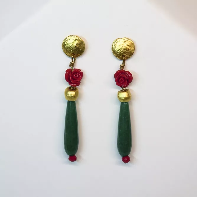 Pendiente Lagrima Jade Verde Rosas Roja