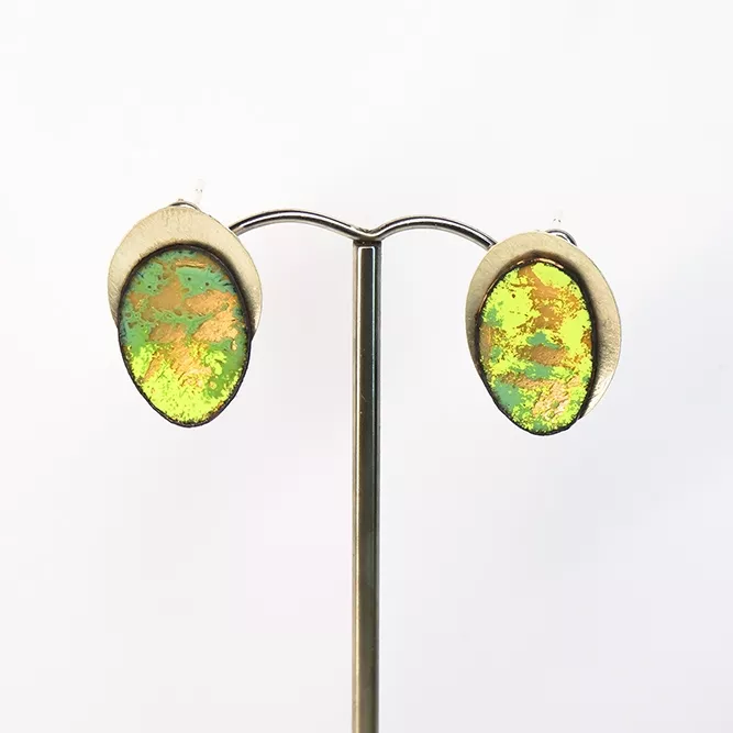 Pendientes Óvalo Verde y Oro Plata y Esmalte