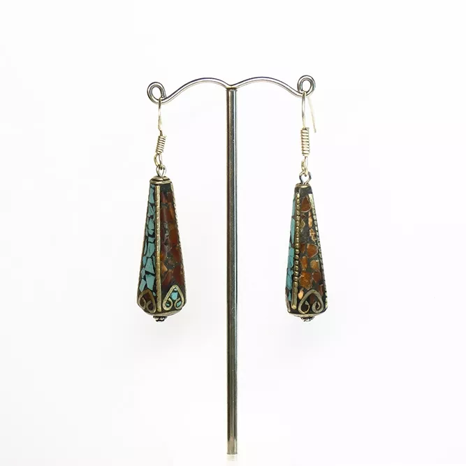 Pendientes Plata Tibetana Lágrima Turquesa y Coral