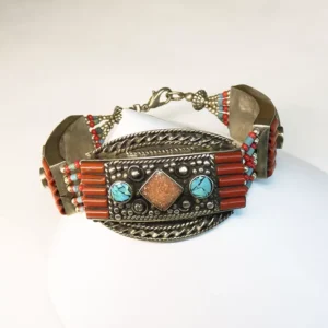Pulsera Plata Tibetana Articulada Ágata Naranja, Coral y Turquesa