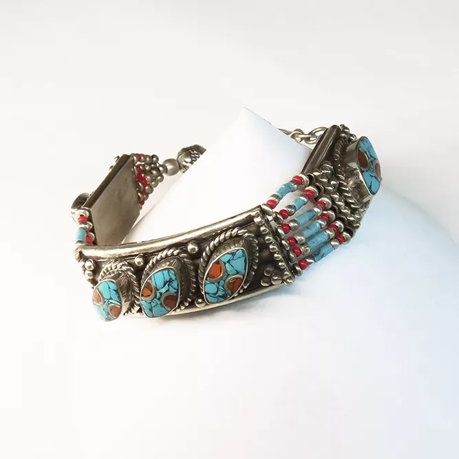 Pulsera Plata Tibetana Ojival Coral y Turquesa