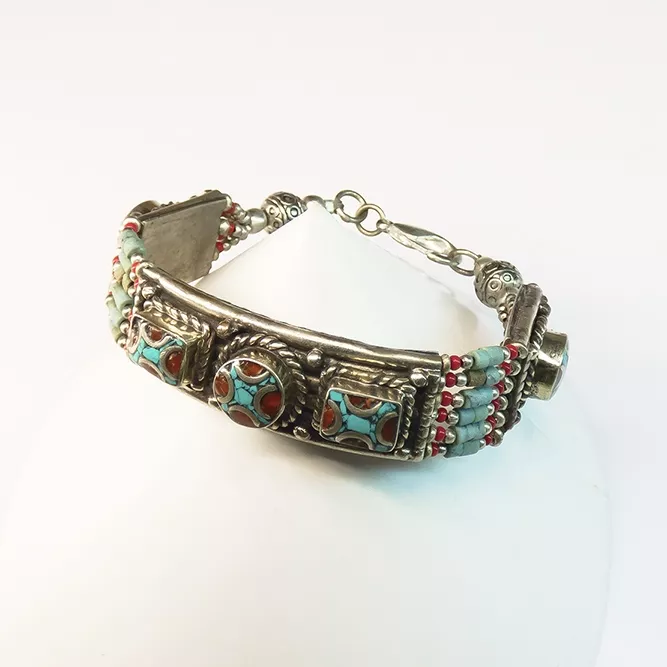 Pulsera Plata Tibetana Rectángulos y Círculos Coral y Turquesa