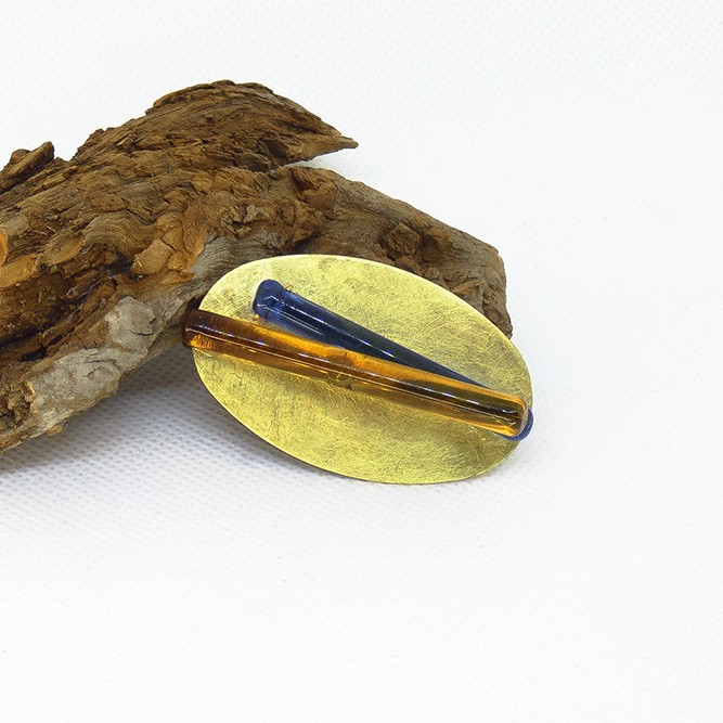 Broche Oval Cristal Murano Azul y Naranja Transparentes