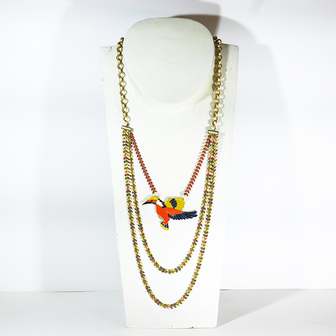 Collar 3 Hileras Multicolor y Rojo Pájaro Esmalte Rojos y Azules