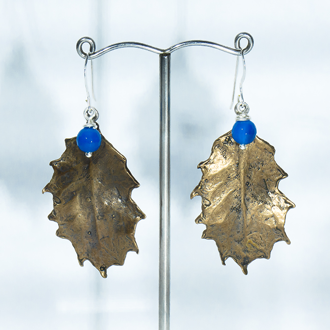 Pendientes Bronce Acebo Ágatas Azul Oscuro