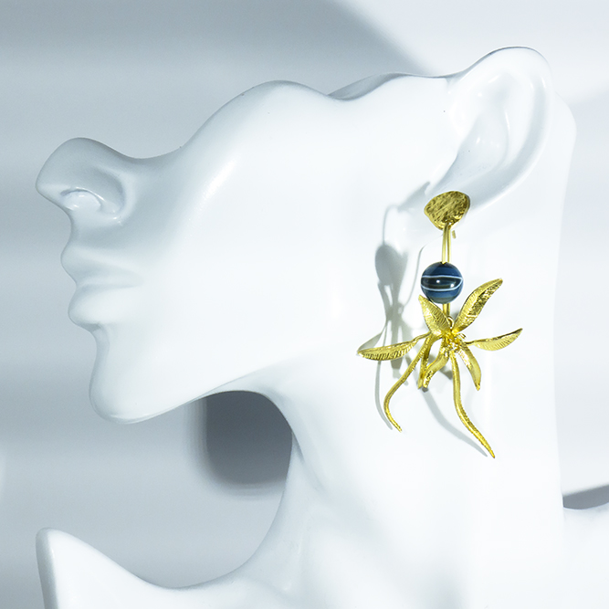 Pendientes Flor Dorada Ágata Azul