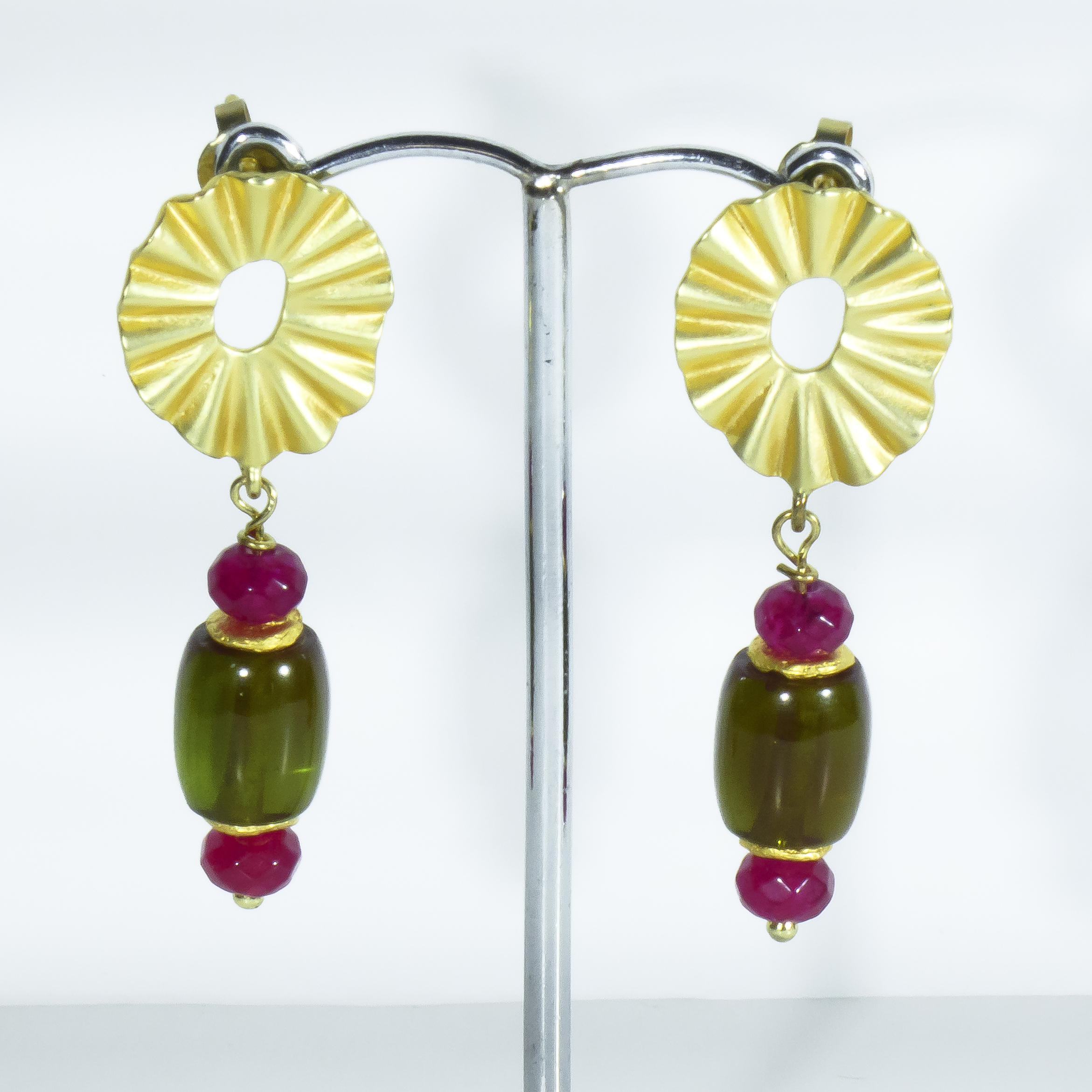 Pendientes Chapa Dorada Ágata Barril Bicolor