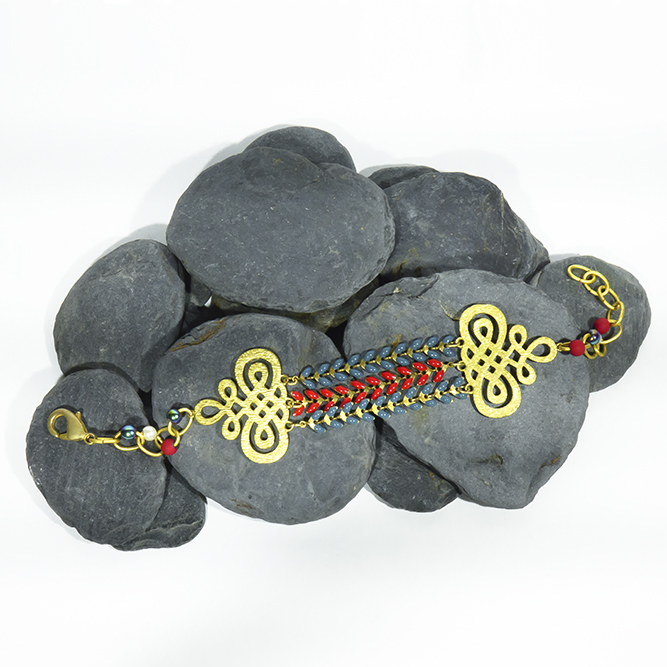 Pulsera Modernista 3 Hileras Lágrimas Resina Rojas y Azul