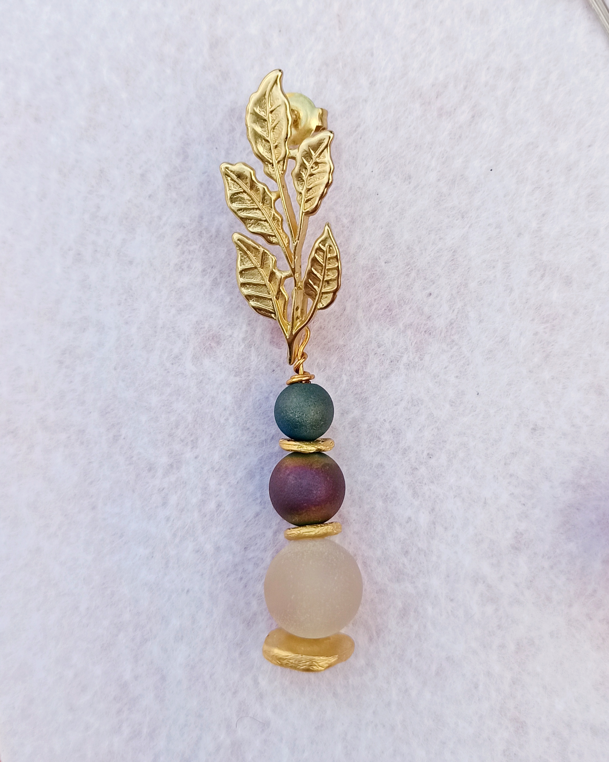 Pendiente Hoja Oro Mate y ágatas geodas